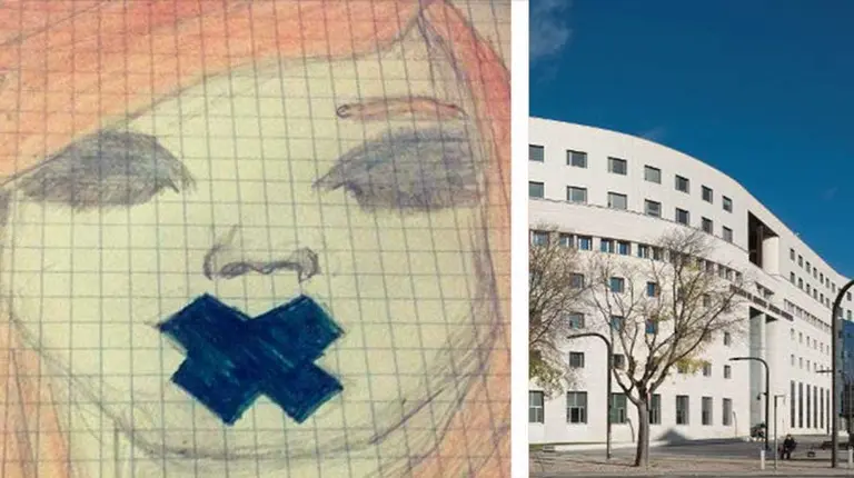 El dibujo de la niña y la fachada del Palacio de Justicia de Navarra. NAVARRA.COM