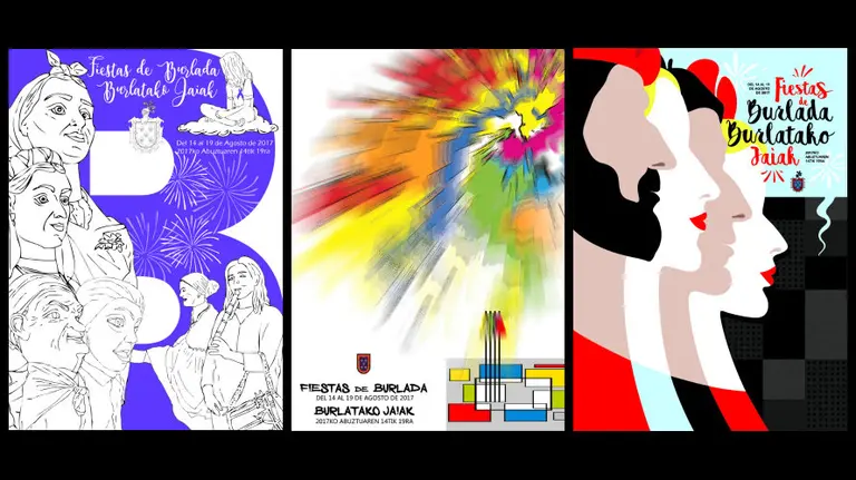 Combo con los carteles finalistas del concurso de fiestas de Burlada.