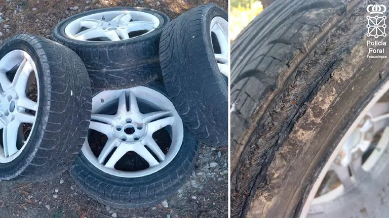 Conjunto de ruedas que la Policía Foral ha recuperado tras un robo en Beriáin. POLICÍA FORAL.