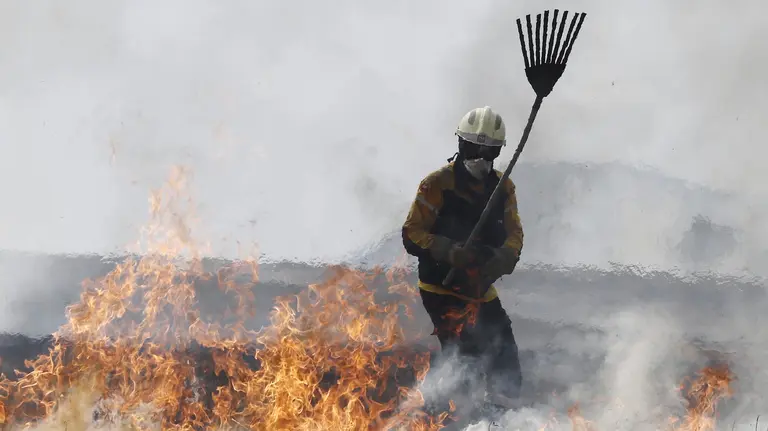 Un bombero intenta apagar las llamas de un campo de cereales en Esparza de Galar donde esta tarde se ha iniciado un fuego que ha sido sofocado por el reten que acudió a controlar el incendio. EFE/Jesús Diges