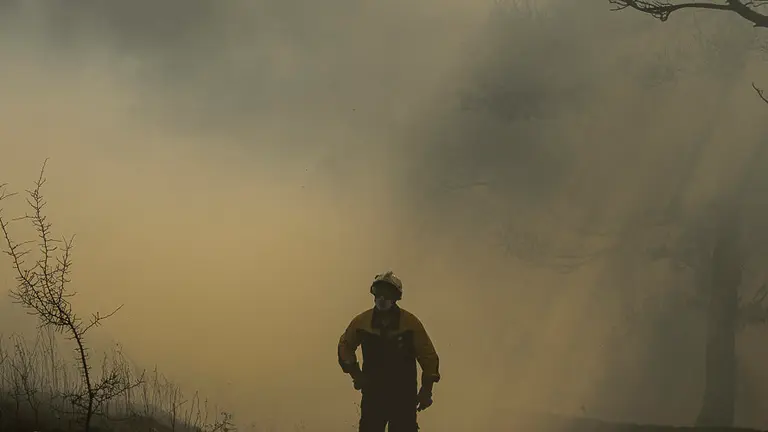 Los bomberos combaten las llamas del incendio de Arazuri, que ha obligado a desalojar a los vecinos de Gazólaz. PABLO LASAOSA (17)