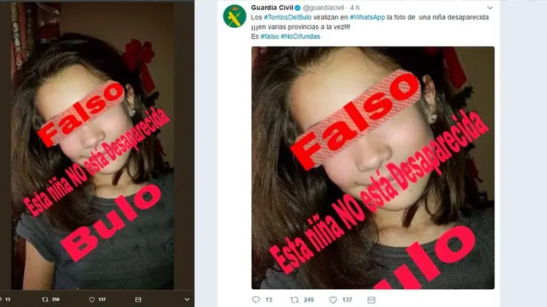Tweet publicado por la Guardia Civil en el que advierten sobre la falsa desaparición. TWITTER