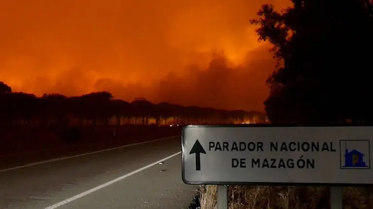 GRA005. MOGUER (HUELVA), 25/06/2017.- Imagen de EFE Televisión del incendio declarado anoche en el paraje La Peñuela de Moguer (Huelva) que ha entrado en el Espacio Natural de Doñana, según ha confirmado el consejero de Medio Ambiente y Ordenación del Territorio, José Fiscal. Un total de 57 efectivos de la Unidad Militar de Emergencias y once medios aéreos se han incorporado al operativo de extinción del incendio forestal declarado a las 21:30 horas ayer en el paraje La Peñuela, de Moguer (Huelva), que continúa activo, y que ha obligado al desalojo de más de 300 personas. La dirección del Plan Infoca ha autorizado el regreso de las personas que fueron desalojadas esta madrugada del Hotel Solvasa y de las viviendas de la zona conocida como Bonares en Mazagón (Huelva) por el incendio. Por su parte, aún no han podido hacerlo las personas que se alojaban en el cámping Cuesta de la Barca, el poblado forestal, el Parador de Mazagón, el cámping Doñana y del Instituto Nacional de Técnica Aeroespacial del Ministerio del Interior (INTA) en la base de El Arenosillo. EFE/EFETV