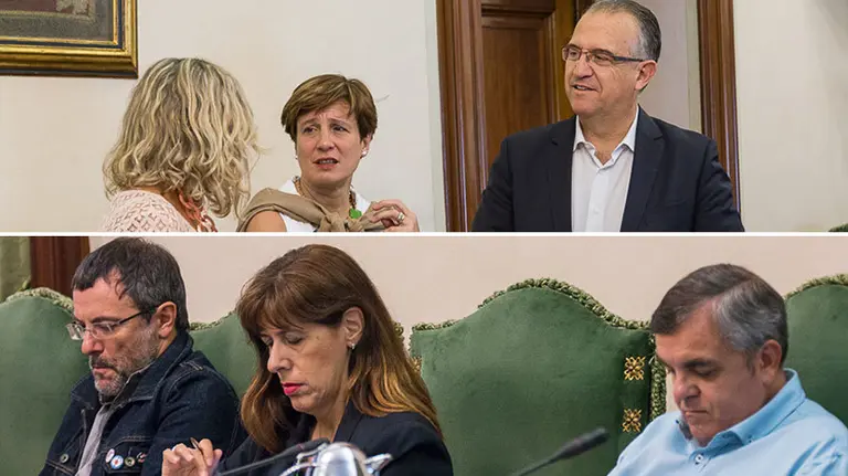 (Arriba) algunos de los concejales de UPN y (abajo) los ediles socialistas durante el debate sobre el estado de la ciudad. IÑIGO ALZUGARAY