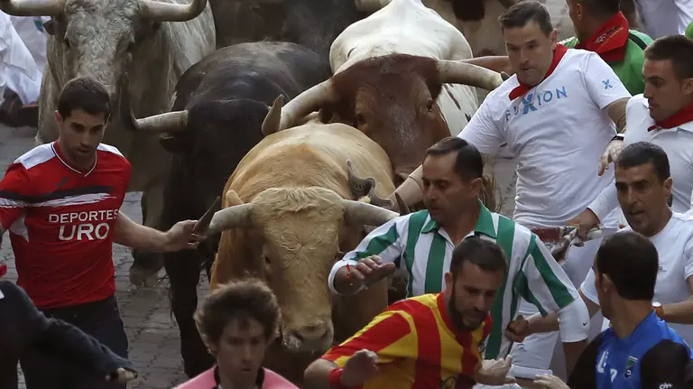 GRA007. PAMPLONA, 07/07/2017.- Los mozos corren ante los astados de Cebada Gago en el callejón de entrada a la Plaza de Toros, durante el primer encierro de los sanfermines que ha durado dos minutos y cincuenta cinco segundos y en el que al menos dos mozos han sido corneados. EFE/Javier Lizón