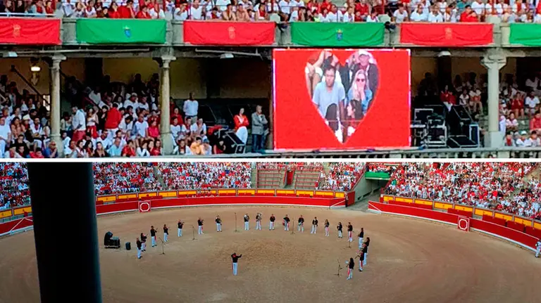 La kiss cam caza a las parejas para obligarles a darse un beso delante de toda la plaza de toros en las minutos previos al encierro.