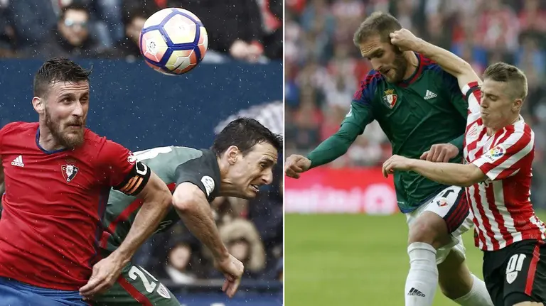 GRA265. PAMPLONA, 01/04/2017.- El defensa de Osasuna Oier Sanjurjo (i) disputa un balón con el delantero del Athletic de Bilbao Aritz Aduriz (d) durante el partido correspondiente a la vigésimo novena jornada de LaLiga Santander disputado hoy en el estadio El Sadar. EFE/Diges