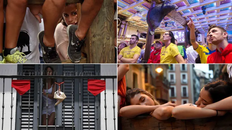 GRA206. PAMPLONA, 08/07/2017.- Aspecto de un balcón en una calle de Pamplona, tras el segundo encierro de los Sanfermines 2017. EFE/Javier Lizón