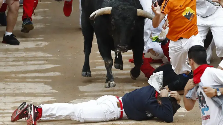 Un mozo se protege en el suelo de los toros de la ganadería gaditana de Jandilla que entran a la Plaza de Toros de Pamplona en el quinto encierro de los Sanfermines 2017, que ha sido el más rápido de estas fiestas, con una duración de dos minutos y doce segundos, y en el que se han visto bonitas carreras que han acabado, en principio, sin heridos por asta de toro. EFE/Jesús Diges