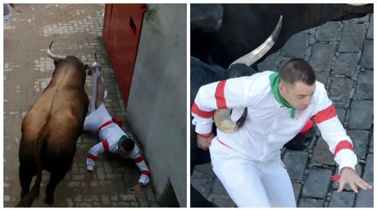 Pablo Gómez en los encierros del 9 y 12 de julio de San Fermín 2017 en momentos de mucho apuro.