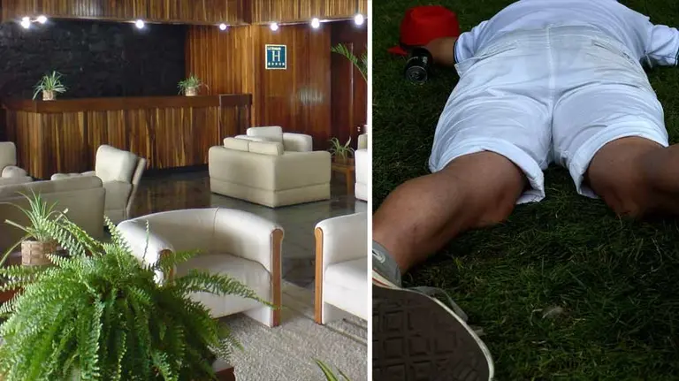 La recepci&oacute;n de un hotel en una imagen de archivo y un joven durmiendo en la hierba. ARCHIVO