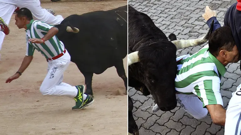 Dos de los sustos de Manuel, el corredor cordobés herido por los astados en tres ocasiones durante los Sanfermines 2017.