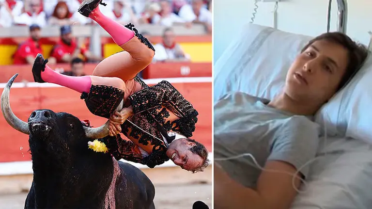 A la izquierda, la grave cogida que sufrió el banderillero 'Pirri' y, a la derecha, el diestro Roca Rey en su cama del Complejo Hospitalario de Navarra.
