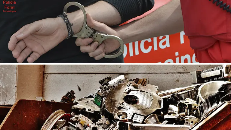 En la imagen superior, una detención por parte de la Policía Foral y en la inferior, chatarra en una foto de archivo