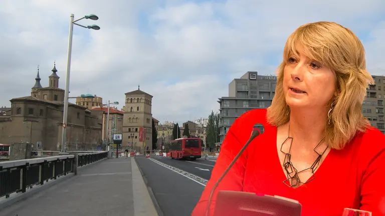 Imagen del Puente de Santiago de Zaragoza con un escudo de Navarra con la cruz laureada y la consejera foral Ana Ollo FOTOMONTAJE