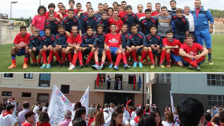 Arriba, la plantilla de Milagro y, abajo, el Ayuntamiento de la localidad