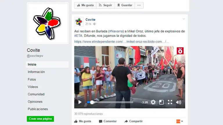 Captura del perfil en las redes sociales de COVITE en el que denuncia un nuevo recibiento etarra.