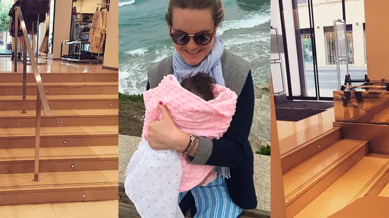 Carolina Díaz Espina, con su hija A ambos lados, las imágenes que compartió en las redes sociales sobre los accesos de Zara en Pamplona