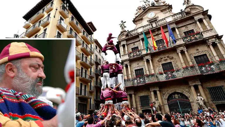 Castells en el corazón de Pamplona para homenajea a 'Setas' fundador de los danzantes de San Lorenzo. (2)