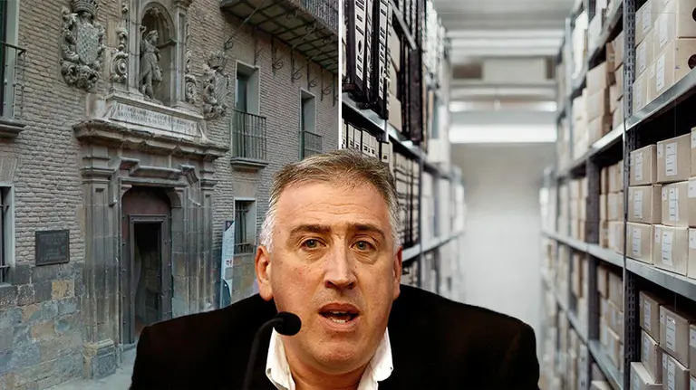 Montaje de Asirón sobre el archivo municipal de Pamplona.