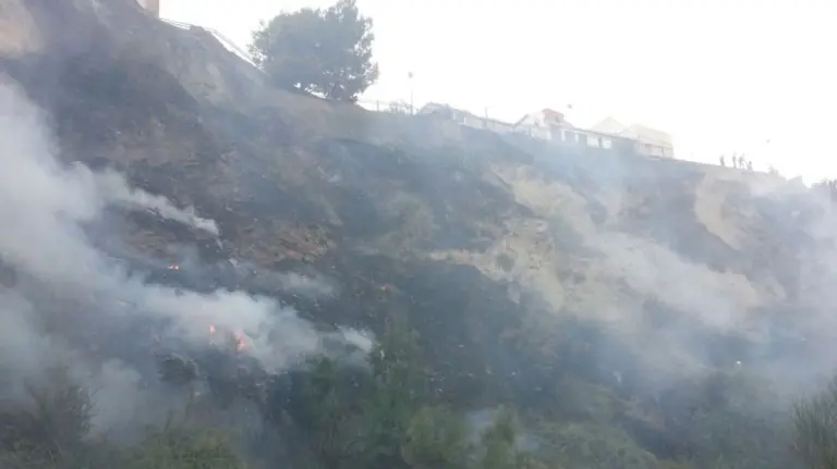 Imagen de las llamas en la peña de Milagro, a escasos metros de las casas situadas junto al mirador del río Ebro FOTO GUARDERÍO FORESTAL