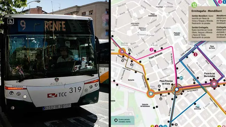 Imagen de dos villavesa a su paso por la plaza de Merindades junto a un mapa con los nuevos cambios. NAVARRA.COM