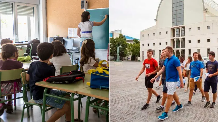 A la izquierda, un aula en un colegio de Navarra y a la derecha, alumnos de la UPNA