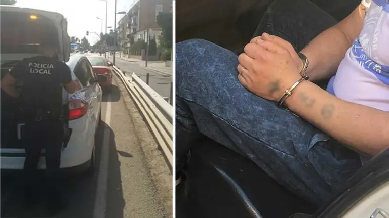 Momento de la interceptación del vehículo junto a una imagen de archivo de una detención. POLICIA NACIONAL