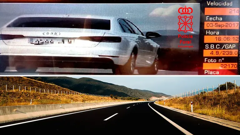 Vehículo cazado a la altura de Tiebas a casi el doble de velocidad de lo permitido. POLICÍA FORAL