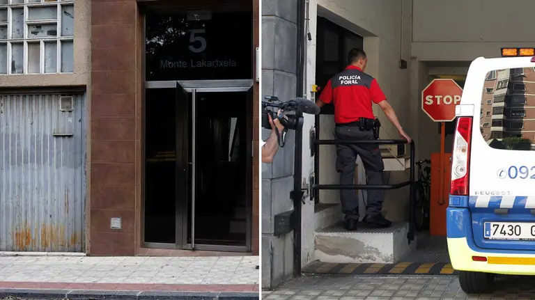 Imagen de la calle Monte Lakartxela, donde se produjo el asesinato de un joven de 30 años en Pamplona, y un furgón policial llegando al Palacio de Justicia