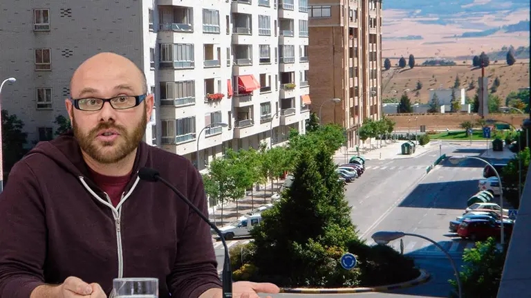 Fotomontaje de Cuenca con el barrio de Iturrama al fondo