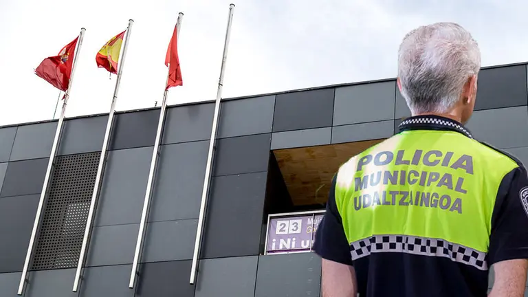 Imágenes de la fachada del Ayuntamiento de Burlada y un policía municipal de espaldas FOTOMONTAJE