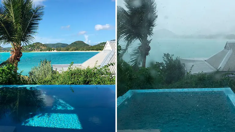 Vista de una playa desde la habitación de un hotel en Antigua sin huracán y co la llegada de Irma. CEDIDAS