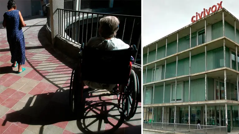 Imagen de una persona mayor en silla de ruedas y la fachada del Civivox de San Jorge