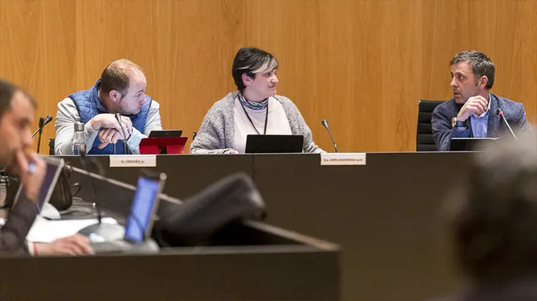 El concejal de Cultura, Joseba Orduña (izquierda) y el alcalde del Valle de Egüés, Alfonso Etxeberria (Geroa Bai) durante un pleno del valle de Egüés