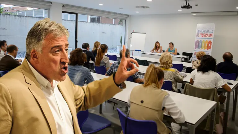 Imagen del alcalde Asirón junto a una de las reuniones de los comerciantes de Pamplona afectados por los cambios de tráfico FOTOMONTAJE