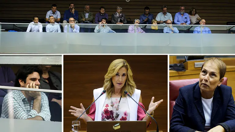 El alcalde de Tudela Eneko Larrarte, la portavoz del PPN Ana Beltrán y la presidenta de Navarra Uxue Barkos y varios alcaldes en el pleno sobre la Ribera MIGUEL OSÉS