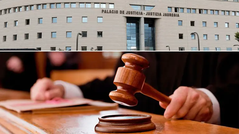 Imagen del Palacio de Justicia de Navarra y de un juez haciendo uso de su mazo durante un juicio.