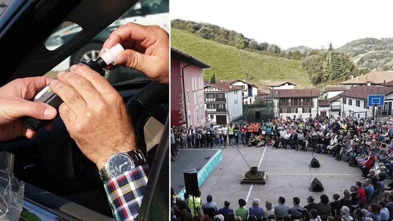 Imagen de una persona soplando en un control de alcoholemia y plano general de la inauguración del Nafarroa Oinez en Lesaka. NAVARRA.COM / EFE