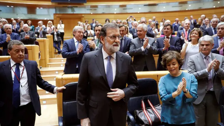 El presidente del Gobierno, Mariano Rajoy, durante su intervención en el Senado