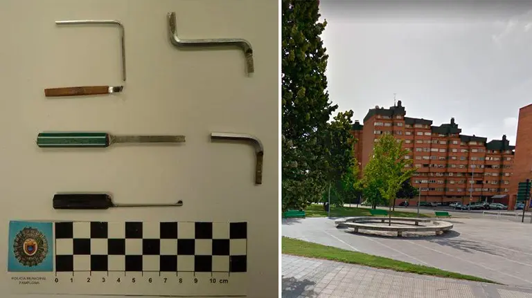 A la izquierda, las ganzúas empleadas por los cacos para acceder al inmueble. AYUNTAMIENTO DE PAMPLONA