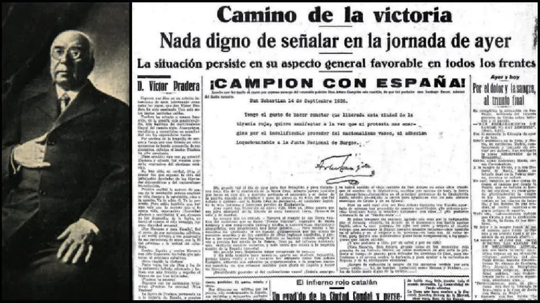 Arturo Campión junto a una portada de un periódico de la época del año 1936.