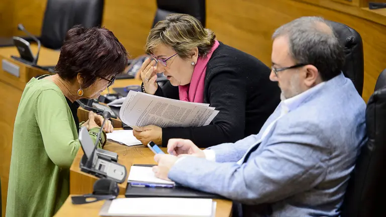 Tere Sáez, de Podemos (i) habla con Marisa de Simón, de Izquierda - Ezkerra. PABLO LASAOSA