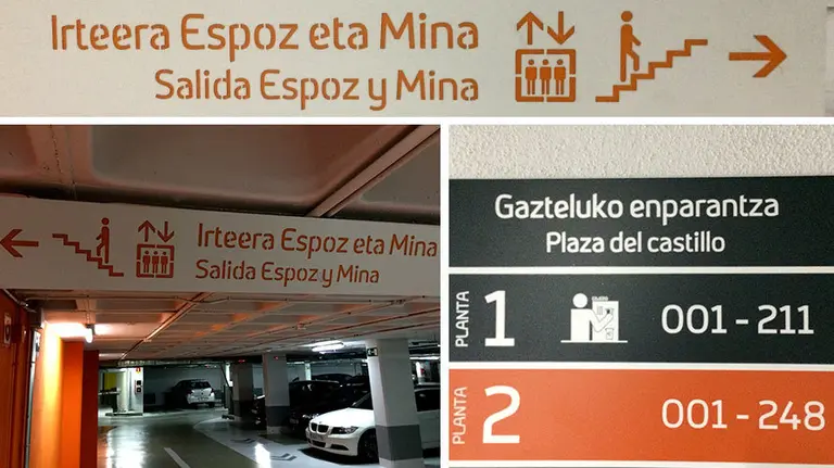 Cartelería usada en uno de los parkings de Pamplona.