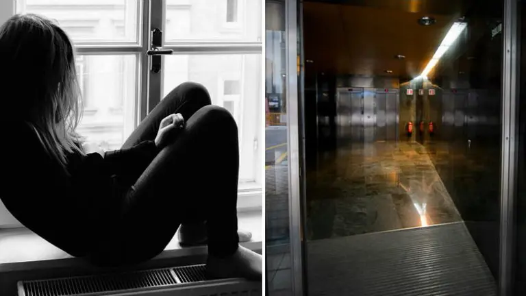 Una chica sentada desconsolada junto a la imagen del portal de Paulino Caballero donde ocurrieron los hechos NAVARRACOM