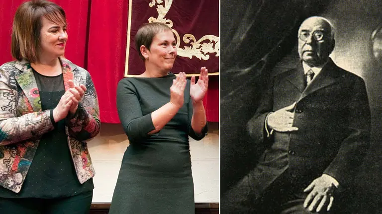 La presidenta del Parlamento foral, Ainhoa Aznárez, y la presidenta de Navarra, Uxue Barkos, junto a una imagen de Arturo Campión NAVARRACOM