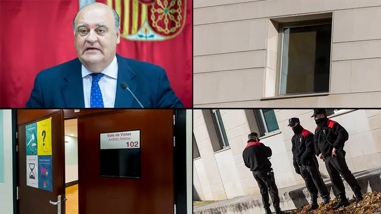 El presidente del TSJN, Joaquín Galve, junto a imágenes del juicio a puerta cerrada por la violación de Sanfermines NAVARRACOM