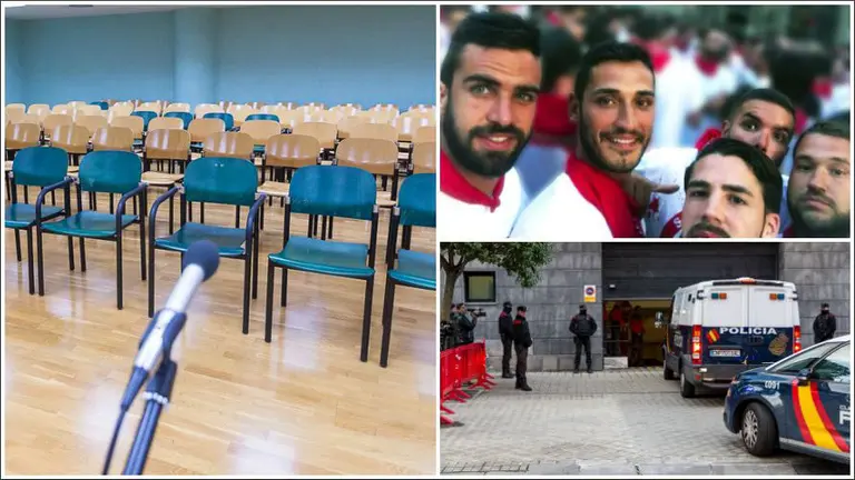 La sala de vistas, los cinco acusados y su llegada a la Audiencia de Navarra durante una de las sesiones