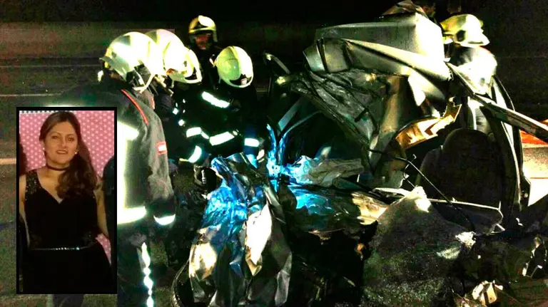 Imagen del accidente y una de las víctimas del accidente mortal en Egüés, Katy Nayrovi Jaramillo Morocho. CEDIDA