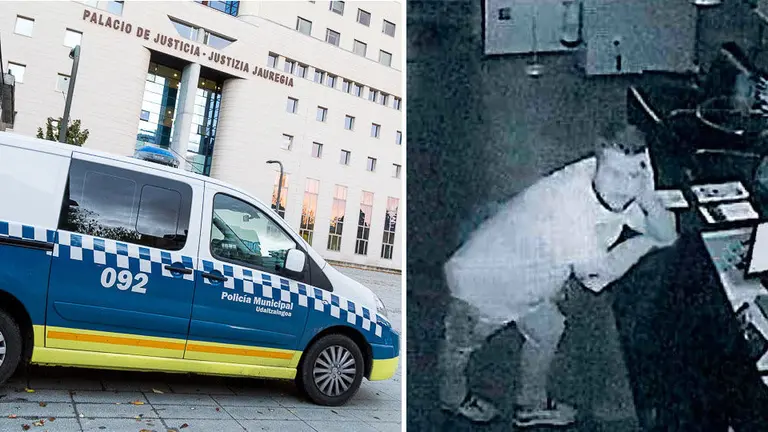 Despliegue policial frente al Palacio de Justicia de Navarra por el juicio de la presunta violación de Sanfermines junto a una imagen de José Ángel Prenda incluida en la investigación NAVARRACOM